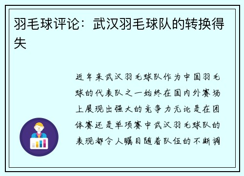 羽毛球评论：武汉羽毛球队的转换得失