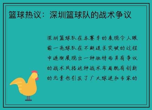 篮球热议：深圳篮球队的战术争议