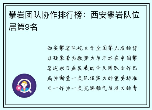 攀岩团队协作排行榜：西安攀岩队位居第9名