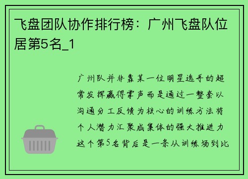 飞盘团队协作排行榜：广州飞盘队位居第5名_1