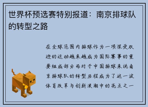 世界杯预选赛特别报道：南京排球队的转型之路
